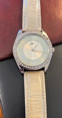 Woman's W by Waltham Watch, Silver Tone and Rhinestone Bezel, Leather Band